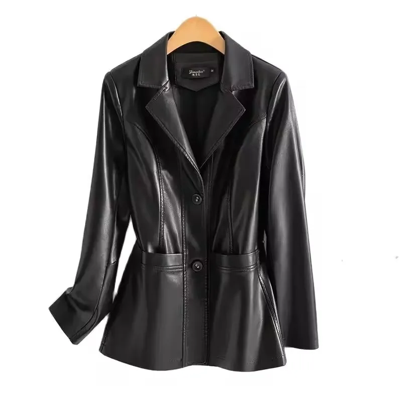 

2025 Spring Autumn Top Compound Lambskin Leather Jacket Women Suit Coat Slim Single-breasted Casual Tops Lady Small Outerwear