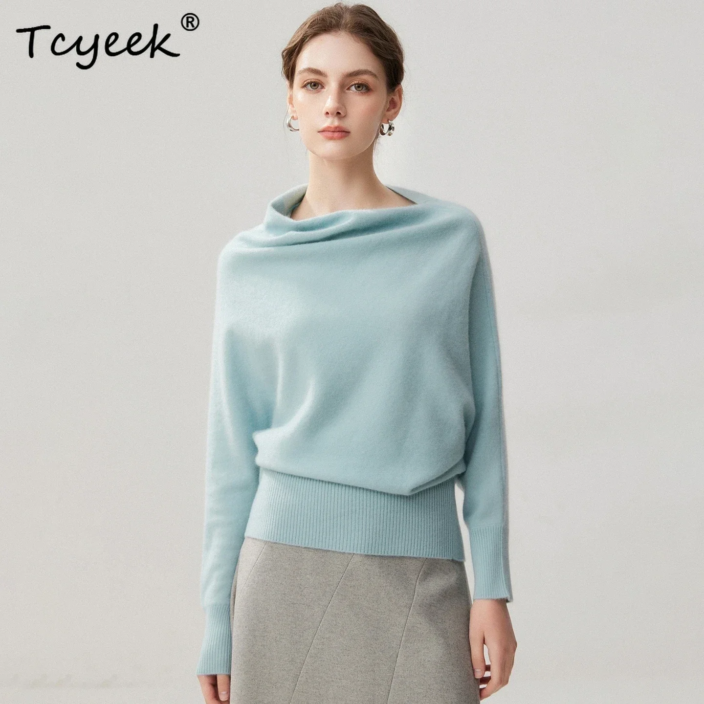 Autumn Winter Women's Pullover 100% Cashmere Sweater Irregular Slanted Shoulder Pile Collar Wide Thread Bottom Knitwear Clothing