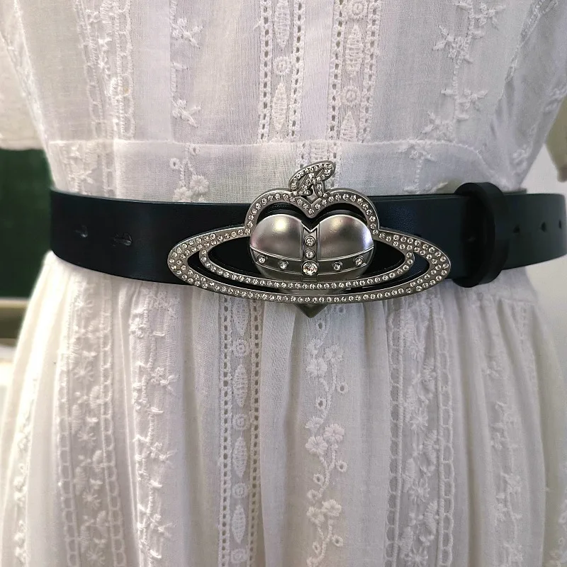 

Metal Snap Buckle PU Decorative Belt Fashionable Design with Love Saturn Cross Crown R Letter Rhinestone Inlay
