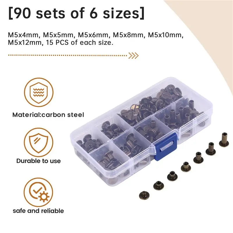 HOTA43T 90 Sets Chicago Screws Assorted Kit, 6 Sizes Of Round Flat Head Leather Rivets Metal Screw Studs For DIY Leather Craft