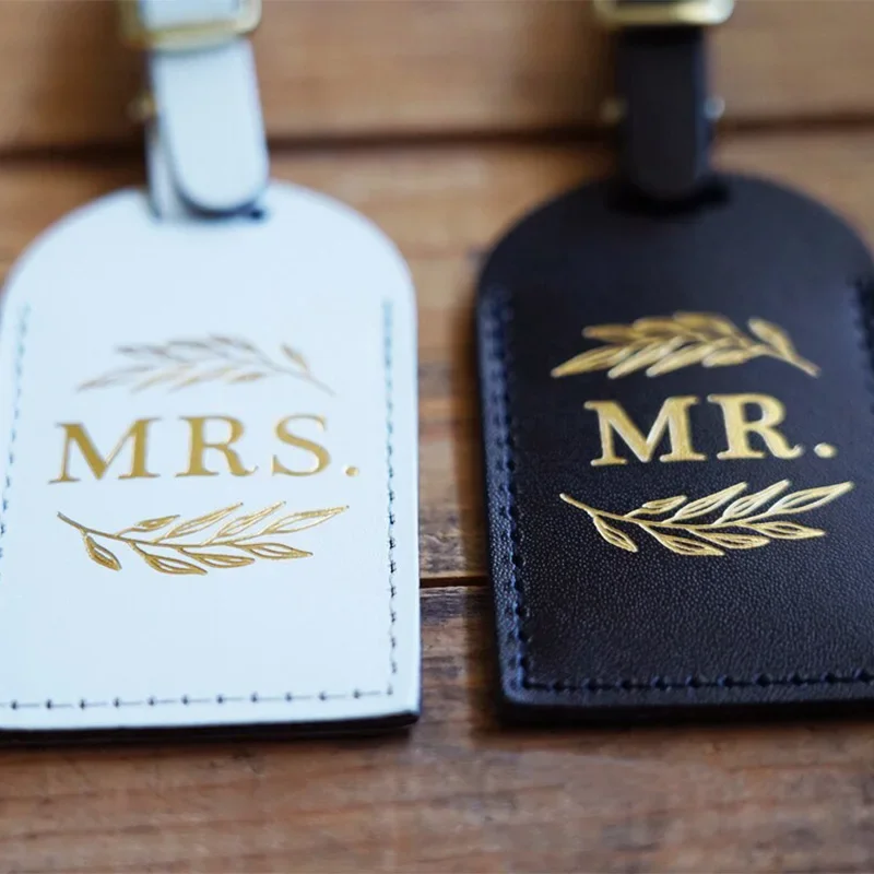 Mr Mrs Leather Luggage Tags Newlywed bride groom Couples just married Wedding Anniversary Honeymoon Vacation beach travel Gift