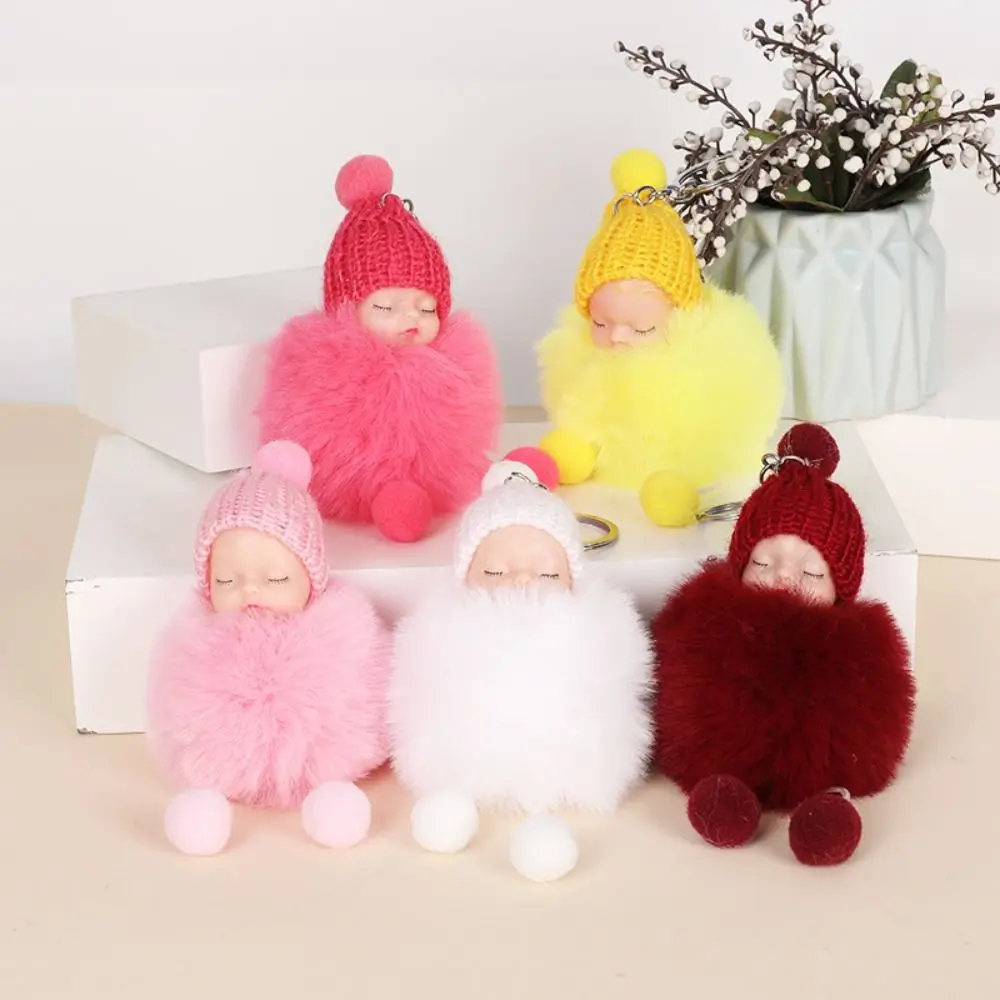 Knitted Hat Pompom Sleeping Baby Keychain Lovely Solid Color Sleeping Baby Key Chain Cute Fluffy Sleep Baby Pompom Keyring