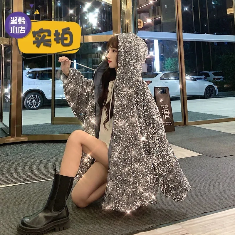 Starry Sky Hooded Coat Women 2023 Spring Korean Version Loose Versatile Short Thickened Cotton Coat Trendy INS Commuter Sequins