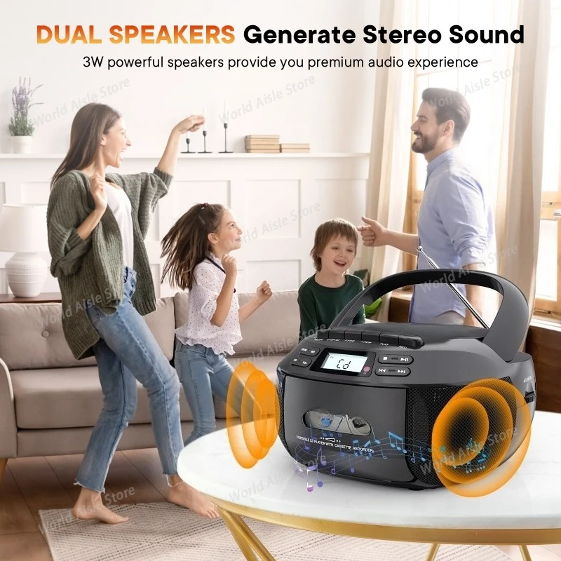 CD Cassette Player Recorder with USB/MP3 and Radios,portable Cd Tape Boombox with Remote Control,AC DC Power