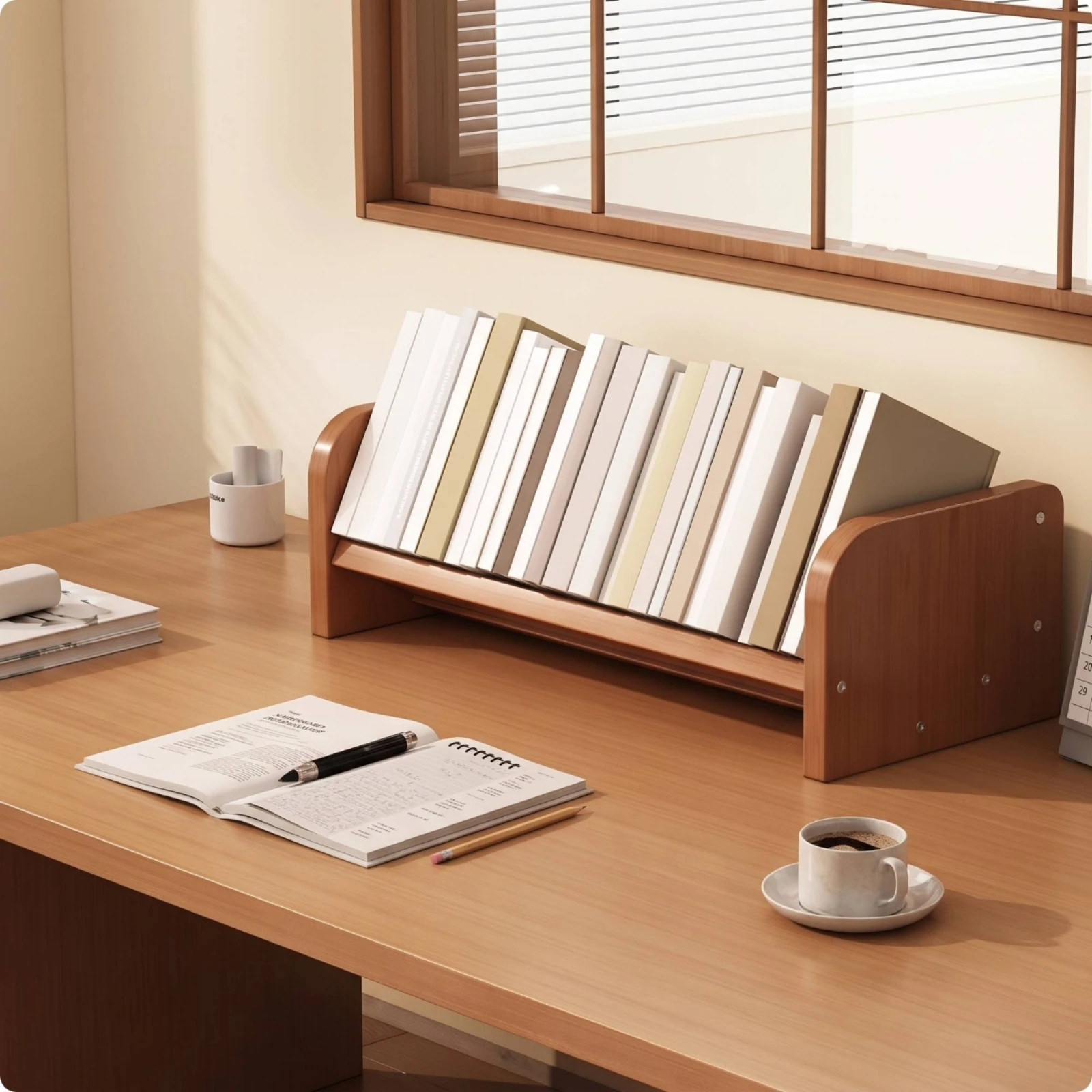 Desktop Bookshelf Bamboo Desktop Shelf Organizer Slanted Book Display One-Tier Storage Rack Open for Readers, Desk, Tabletop