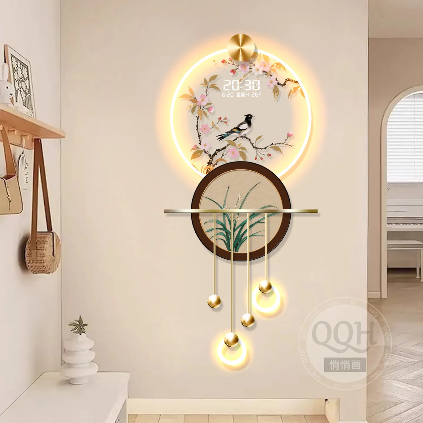 Cream style living room entrance decoration painting, electronic clock, Song Dynasty aesthetic atmosphere, light painting