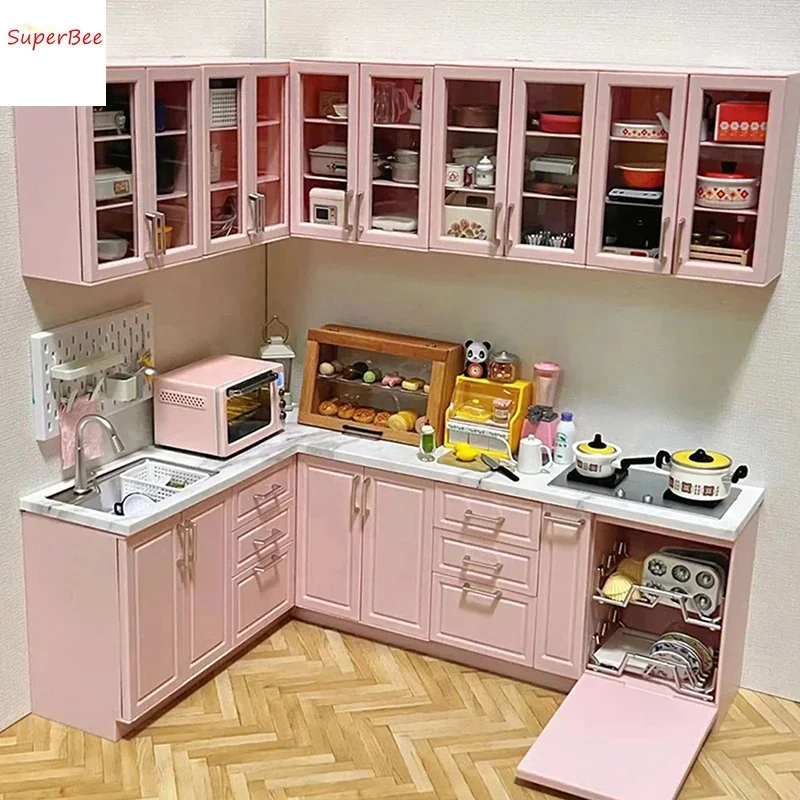 1/6 Dollhouse Miniature ตู้ครัวไม้/เตาแบบบูรณาการชุดตู้สําหรับเฟอร์นิเจอร์ห้องครัวอุปกรณ์ตกแต่ง