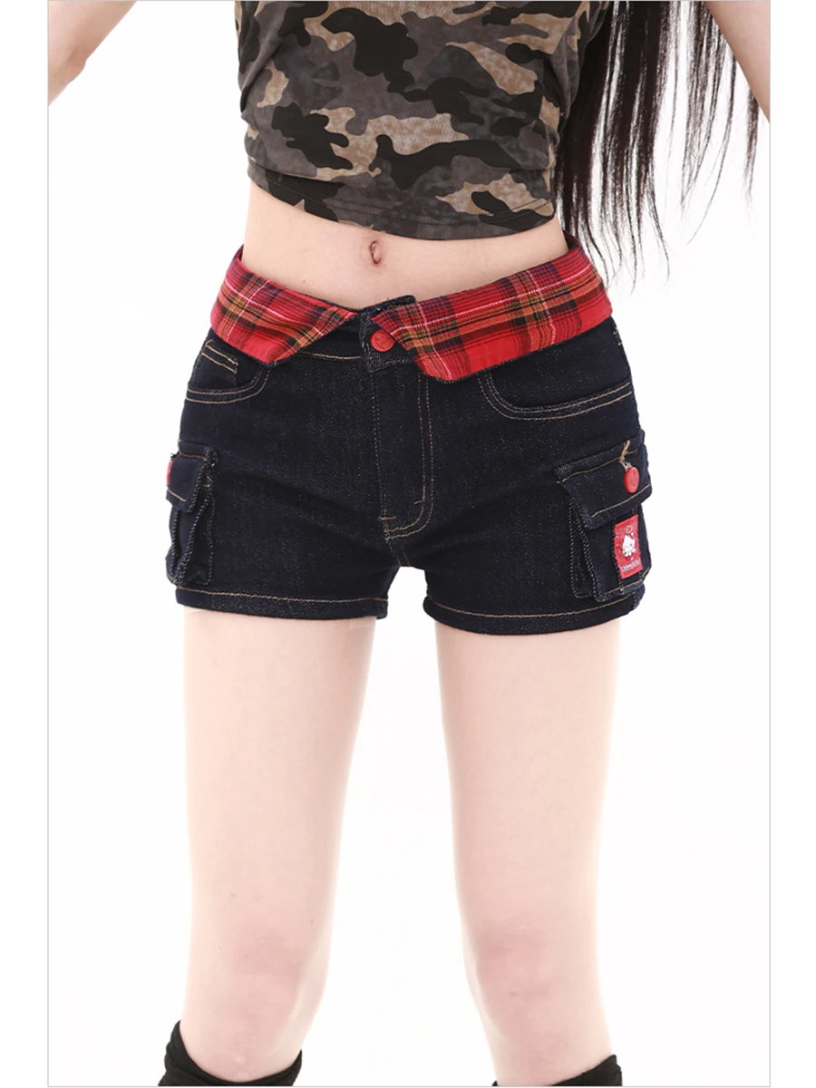 ReddaChic Kitty Pantaloncini di jeans Spice Girl ricamati per donna Stile estivo con design scozzese Splicing Matita Pantaloni caldi Y2K Wear