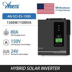 Anern Hybrid Inverter 1000W 1500W Buil in 80A MPPT Solar Charger Off Grid 24v Inverter 12v 220v Pure Wave