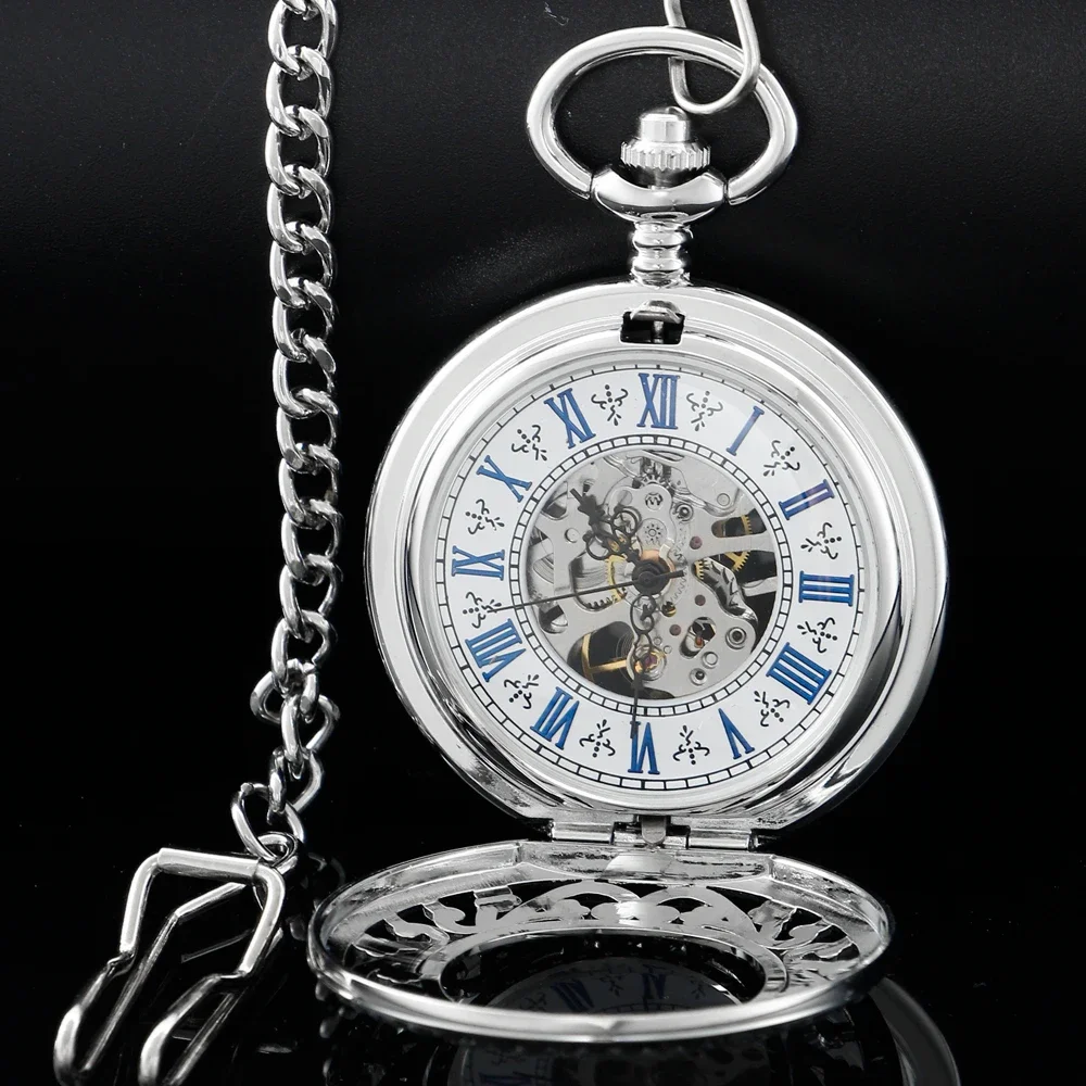 NEW Luxury Silver Antique Mechanical Pocket Watches For Men Friends Hand-winding Pockets Fob Watch Gift