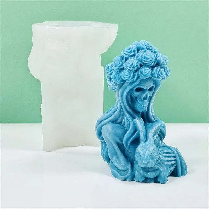 3D Witch Portrait Candle Silicone Mold DIY Halloween Skull Woman Holding Rabbit Candle Plaster Resin Making Mould Holiday Decor