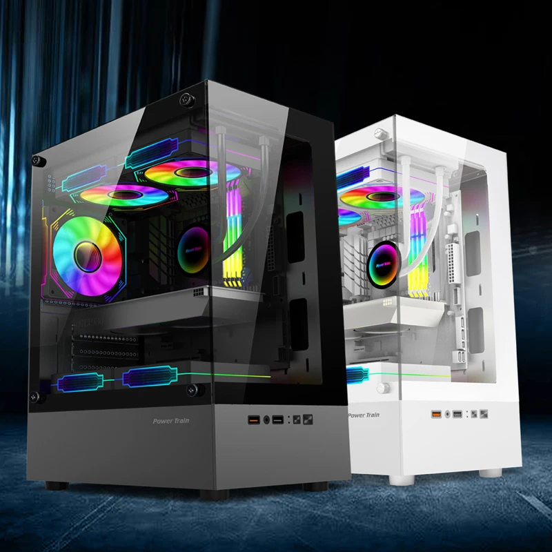 

Power Train Fantasy desktop computer case supports 240 water-cooling, M-ATX design without legs, and features dual glass panels