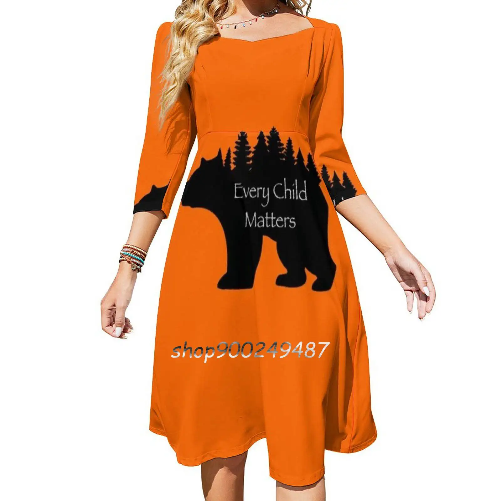 Every Child Matters Flare Dress Square Neck Dress Elegant Female Fashion Printed Dress Every Child Matters Orange Day