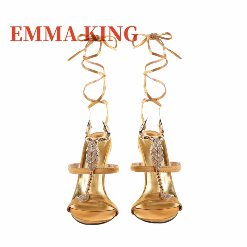 Women’s Rhinestone Scorpion Lace-Up Sandals, Open Toe Stiletto Heels Ankle Wrap Sandals, Gladiator Wrap Around Sandals In Gold