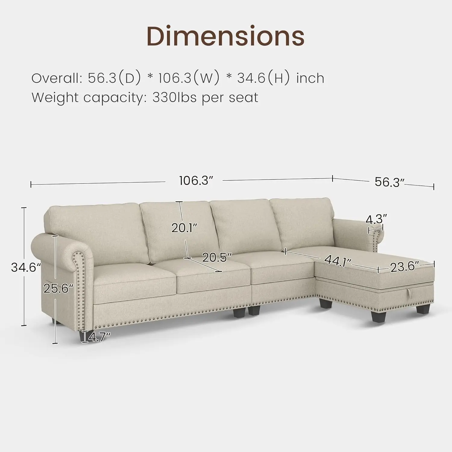 Sectional Sofa, L Shaped Sectional Couch with Reversible Chaise, Convertible 4 Seater Sofa for Small Space, Beige