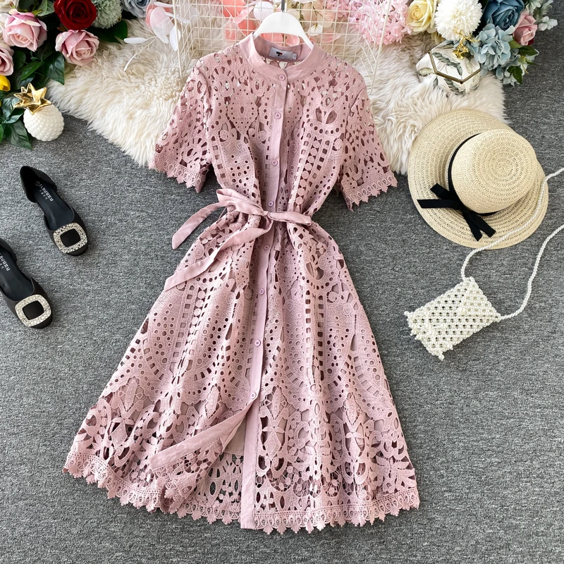 Korean Autumn New Hollow Out Style Celebrity Fashion Standing Neck Lace Dress Short Sleeve Single Breasted Waist Long Dress