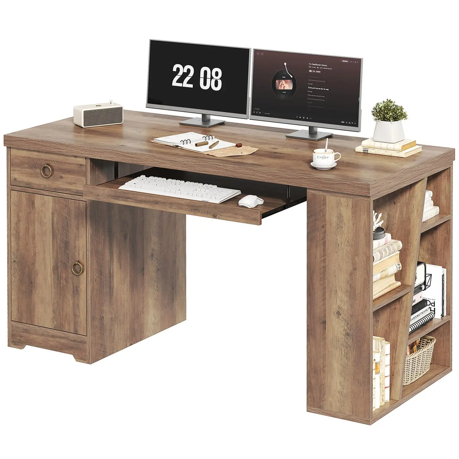 Office Desk with Keyboard Tray, Computer Desk with Storage, 55 Inch