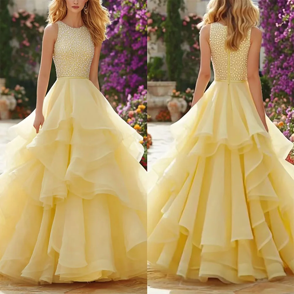

High Quality Customized O-neck Floor Length Sleeveless Beaded Yellow Tiered A-line Wedding Party Dresses Vestidos De Gala فستان
