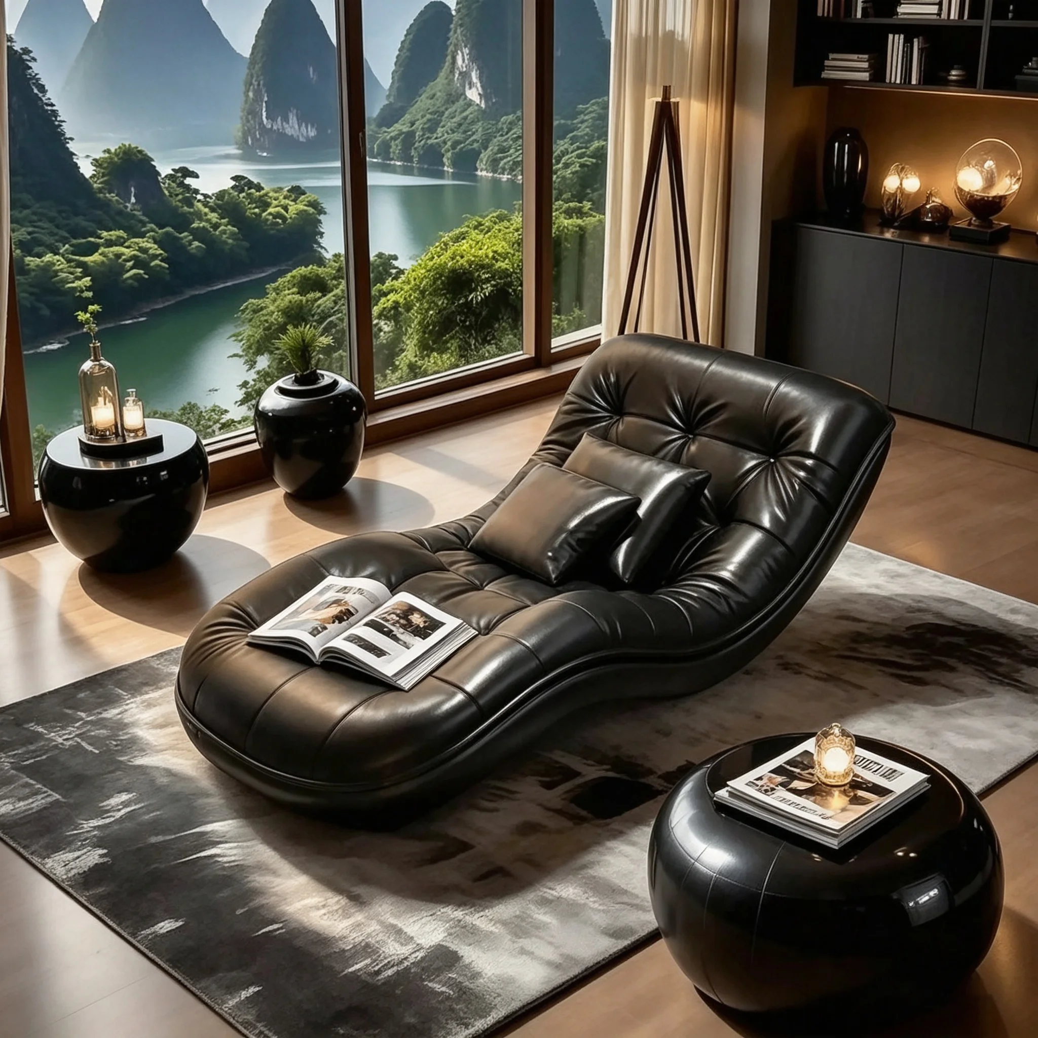 A*-Contemporary Curved Chaise Lounge with Black Leather Upholstery and Button-Tufted Detail