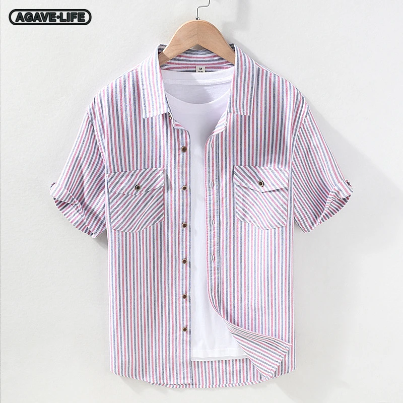 

Spring Summer Men's Cotton Short Sleeve Shirts Youth Male Comfortable Striped Splice Casual Double Pocket Square Collar Blouses