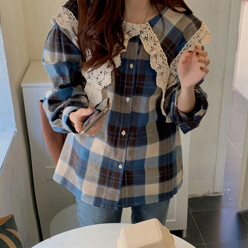 Long Shirts Women Loose Peter Pan Collar Plaid Lace Autumn Baggy Hot Design BF Camisas Mujer Simple Aesthetic All-match Retro