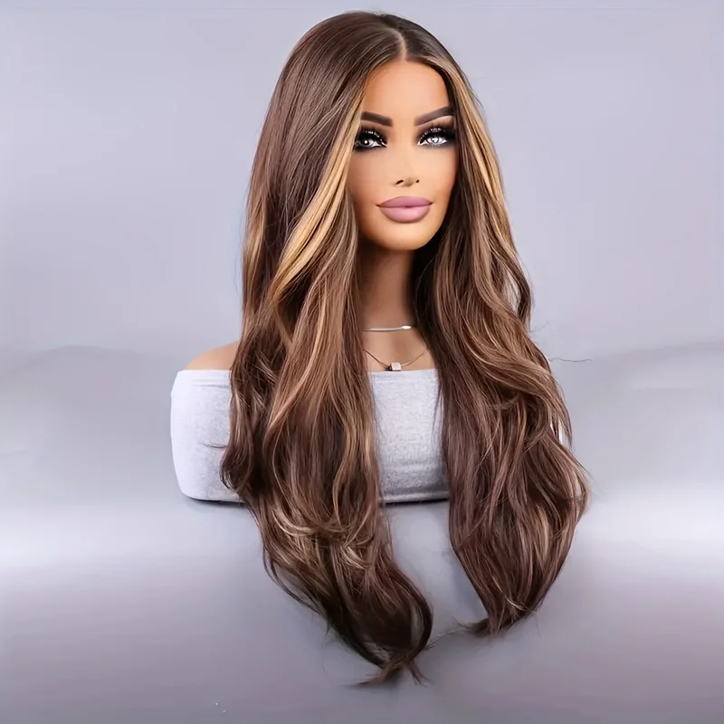 26 Inch Brown Long Wig, Mixed Brown Blonde Decorative Wig for Women, Daily Party Long Curly Wavy Synthetic Wig