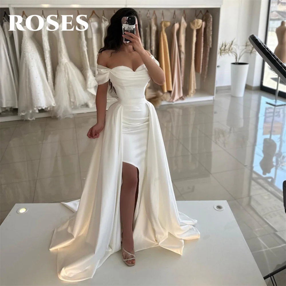 Vestido De noche blanco De rosas con hombros descubiertos, Vestido De fiesta plisado De línea A, Vestido De Novia Sexy con abertura lateral alta