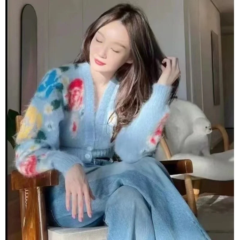 

Очаровательный синий вязаный кардиган из мутоновой шерсти с V-образным вырезом и высокой талией, женский, весенний, новый, для повседневной носки, прямого кроя, длинный