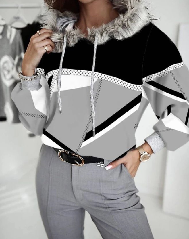 

Women Sweatshirts Spring Autumn Fashion Geometric Print Fluffy Drawstring Casual Long Sleeve Daily Pullover Hoodie Sweatshirts