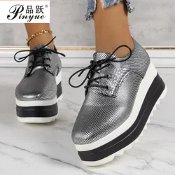 Women Lace Up Silver black Wedges High Heel Pumps Rhinestone glitter Female Breathable Chunky Platform Fashion Sneakers 35 42