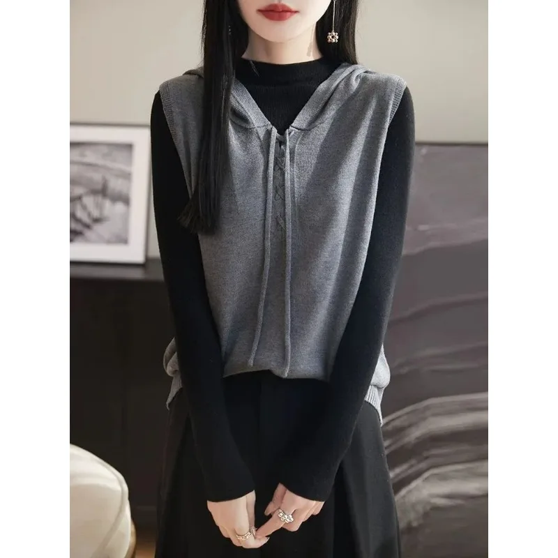 Women's Fashionable Hooded Solid Color Versatile Knitted Pullover Sweater Vest Loose Casual Bottoming Shirt Top