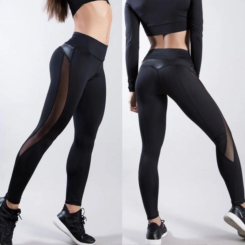 Women Skinny Leggings Black Yoga Sport Pants Pu Leather Patchwork Lady Jogging Pants Push Up Workout Sport Yoga Leggings Female