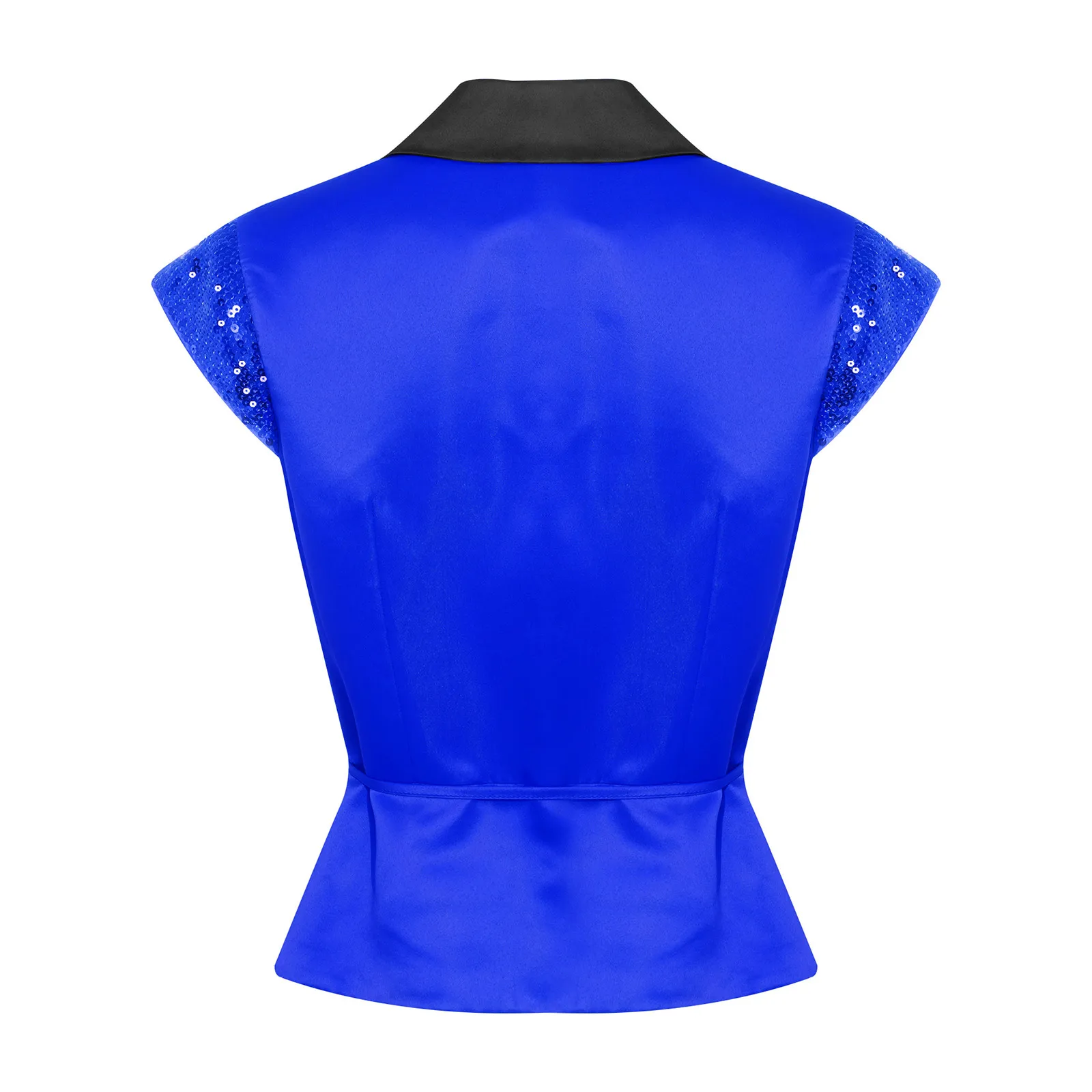 Women Sparkling Sequin Jazz Dance Vest Label Cap Sleeves Disco Shiny Waistcoat with Belt Music Party Carnival Stage Performance