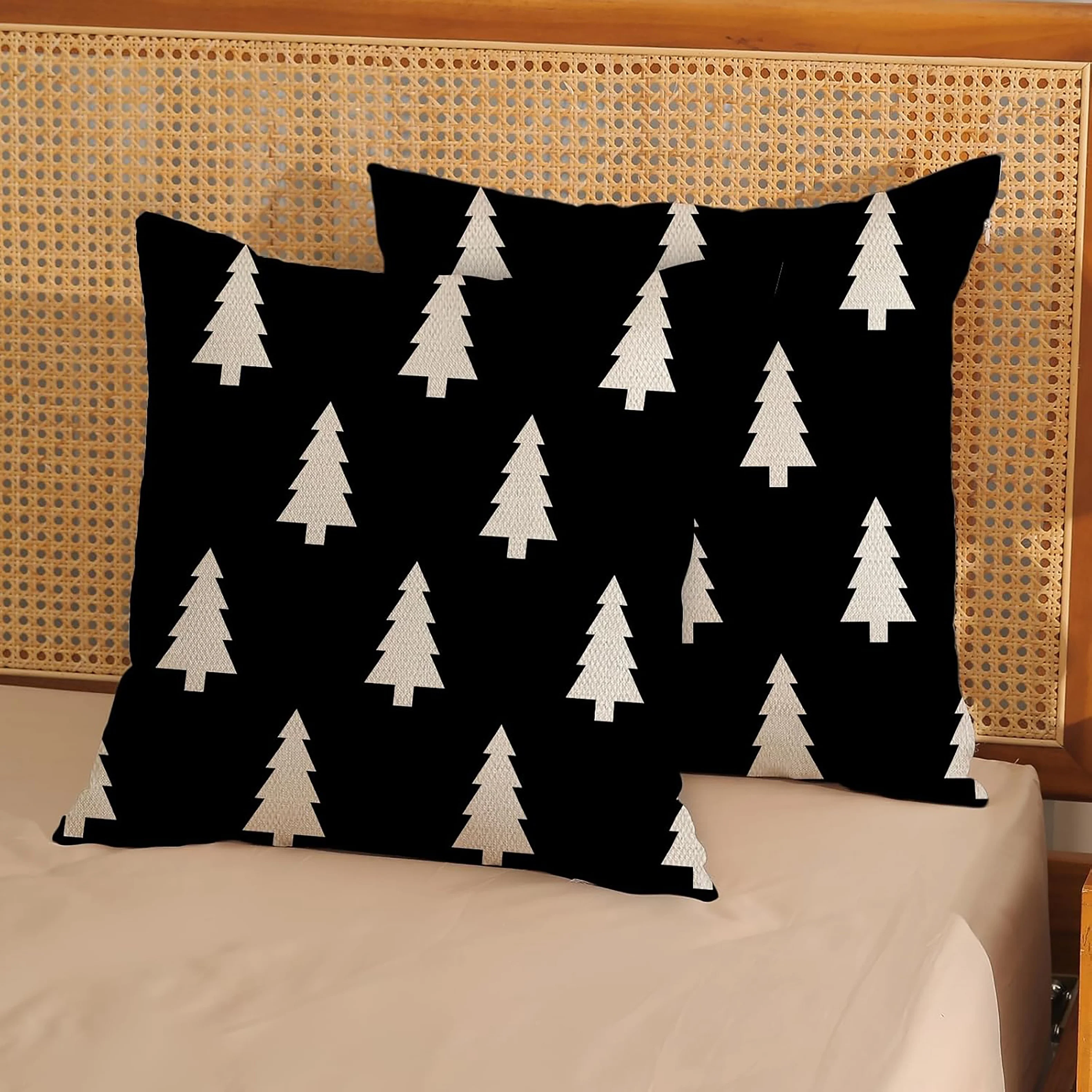 2 PCS Black and White Christmas Tree Pillow Covers Set of 2 Decorative Linen Pillowcases for Couches Fabric