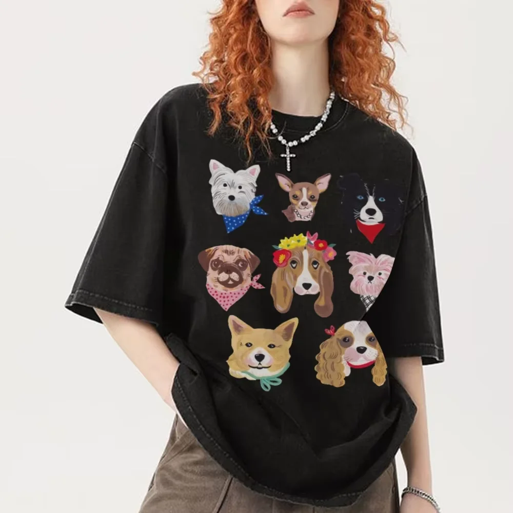 Retro Washed Women's T-Shirt High Quality Dog Friend Printed Loose Round Neck T-Shirt Soft Cotton Casual Gift Custom Top to Wear