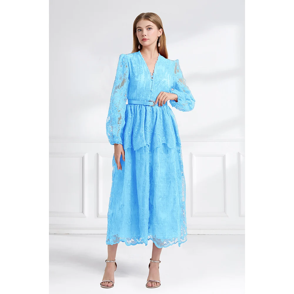 

French Women Elegant Luxury Lace Ruffles Cake Dress Female Lantern Sleeve Single Breasted Flower Embroidery Belt Prom Vestidos