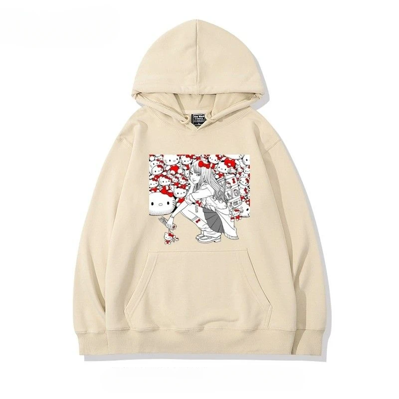

Hello Kitty Junji Ito Tomie Sweatshirt with Cute Pattern Print Retro Fashion Pure Cotton Anime Men's and Women's Pullover