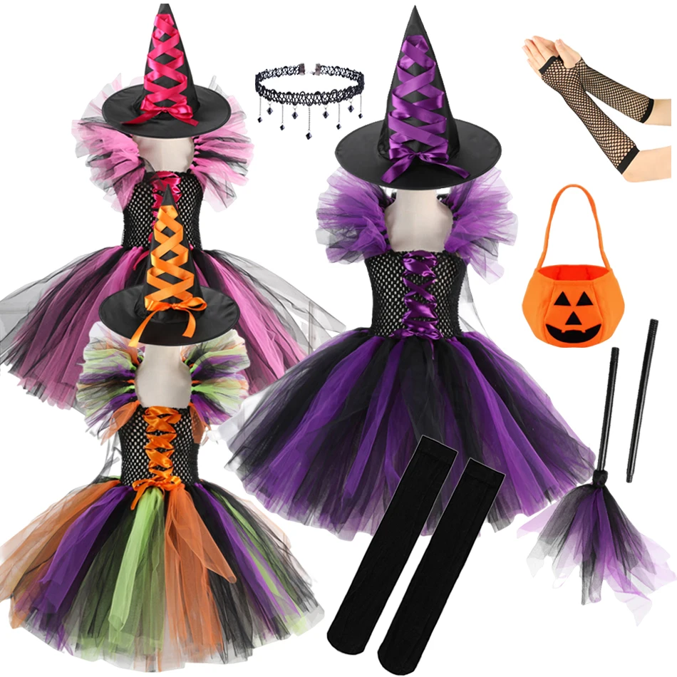 

Girl Witch Costume Tutu Dress 2025 Carnival Party Dress Up Party With Hat Broom Halloween Cosplay Kids Clothing
