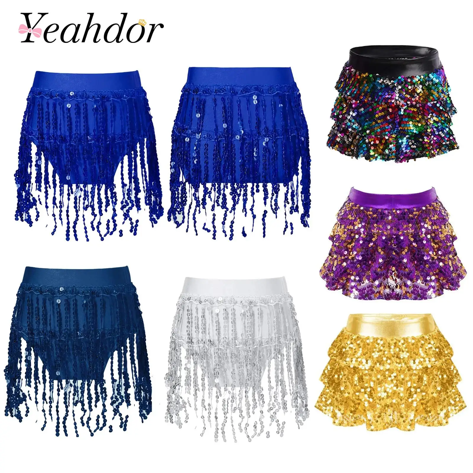 Girls Shiny Sequins Tassels Metallic Dance Skirt Kids Latin Dance Clothes Fashion Fringed Skirts Streetwear Jazz Dance Costume