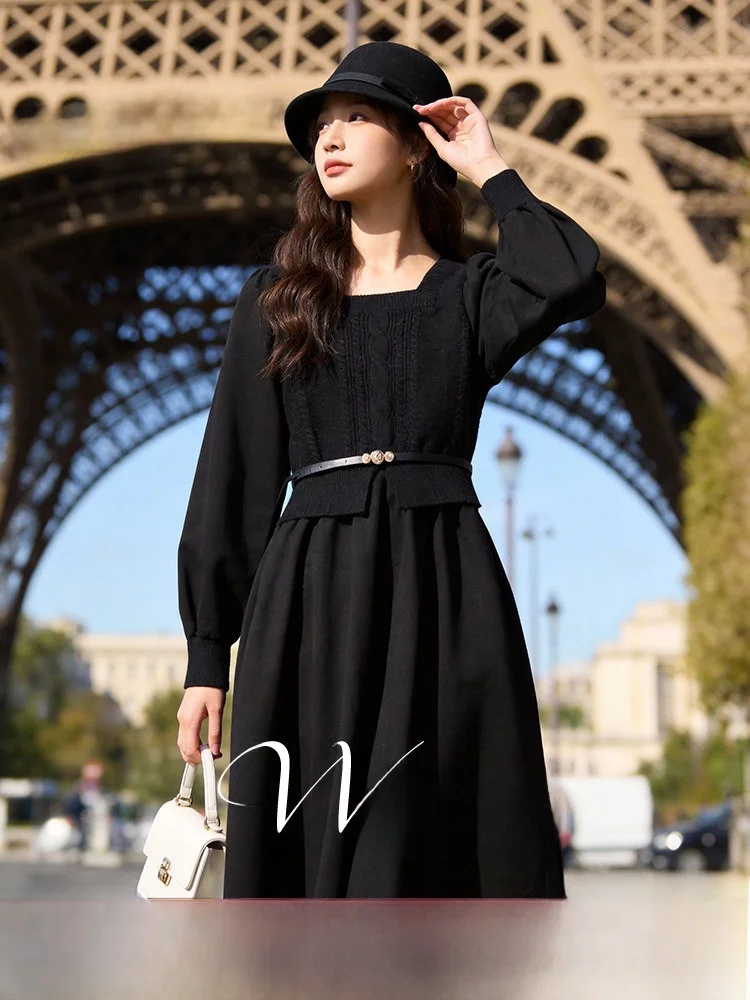 

plus Size Knitted Dr Ele Square Collar Long Sve Base Layer Skirt Women's Faion Spring New Sle A-Line Gown