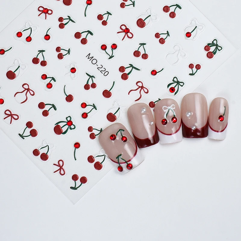 5D Embossed Nail Art Decals Red Diamonds Jelly Cherry Adhesive Sliders Nails Stickers Decorations For Manicure