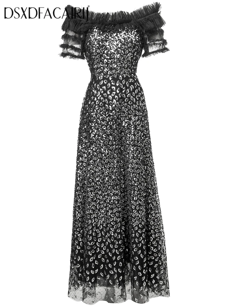 DSXDFACAIRIJ Women's Sequins Embroidery Mesh Dress Slash Neck Short Sleeve Ruffles Black Vintage Fashion Summer Dress