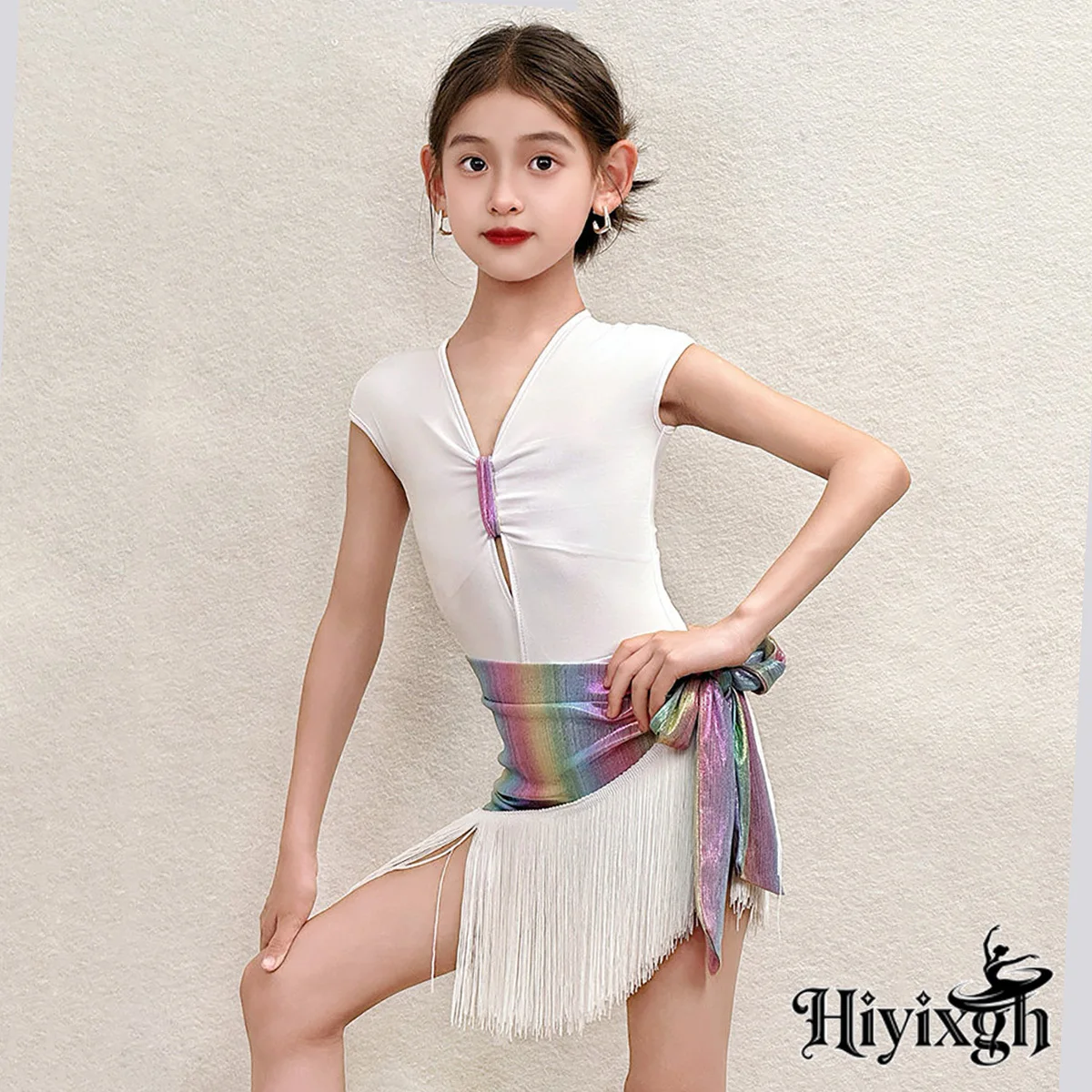 Children Girls Latin Dancewear Practice Bodysuit and Laser Gradient Tassel Hip Towel Skirt Rumba Dance Competition Costume