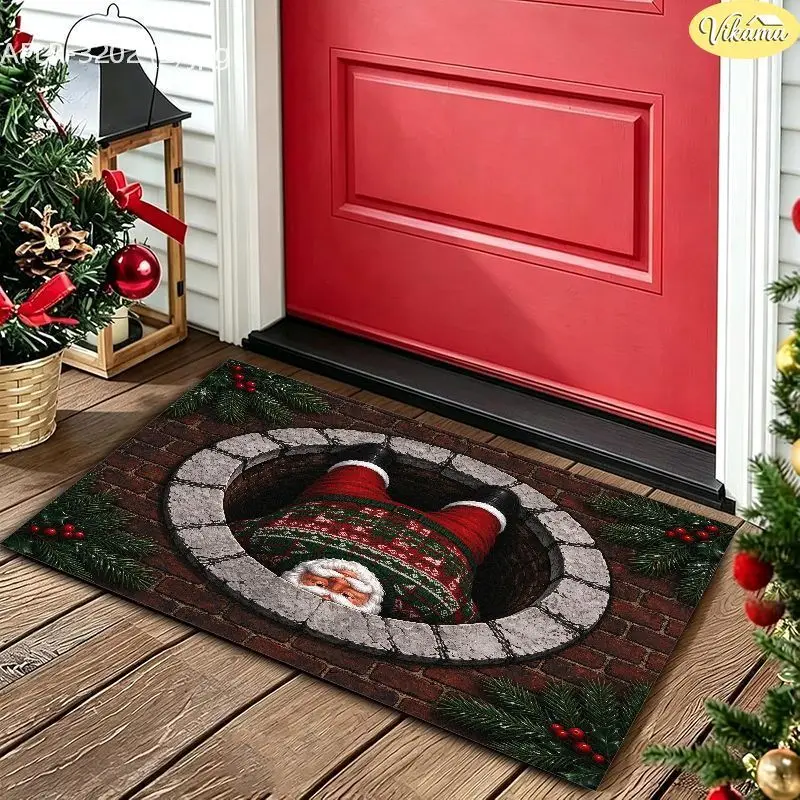 VIKAMA 3D Santa Chimney Floor Mat Washable Entry Rug Front Door Porch Xmas Winter Holiday Decor Washable Holiday Decor