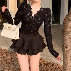 Trendy Solid Color Lace Long Sleeve Pullover Casual T-shirt Women's Clothing V-Neck Hook Flower Hollow Spring Autumn Tops