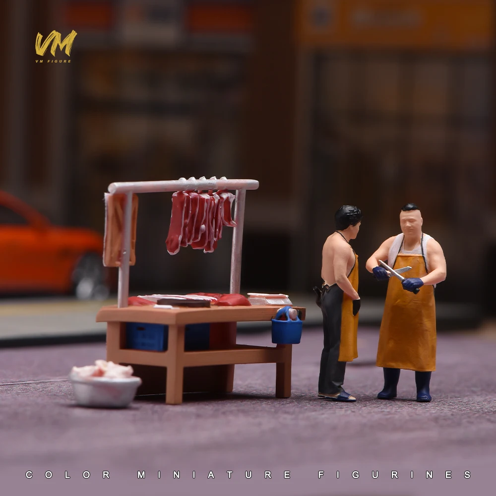 Painted Miniatures 1/87 1/64 1/43 1/24 1/18 Pork Butcher Stall In The Market Pigs Meat Rack Male Figure Doll Model  Scene Prop