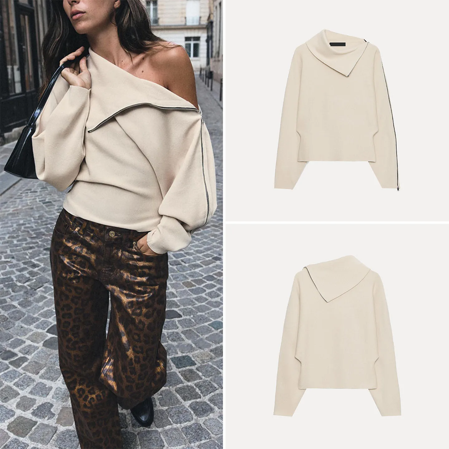 ZADATA Women's Knitted Long Sleeve Zipper Side Slant Shoulder Casual Style Pullover Fashionable Necktie Autumn Top