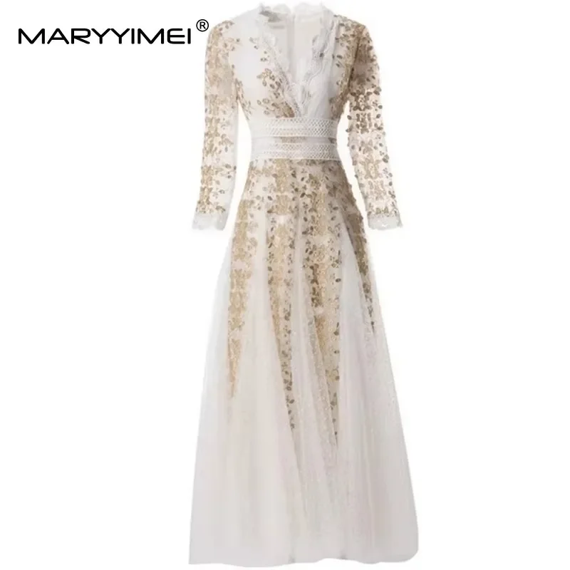 MARYYIMEI Sexy V-Neck Lace Splicing High waist Maxi For Women Mesh Embroidery Elegant Long Dresses Club Party Clothes 2025 New