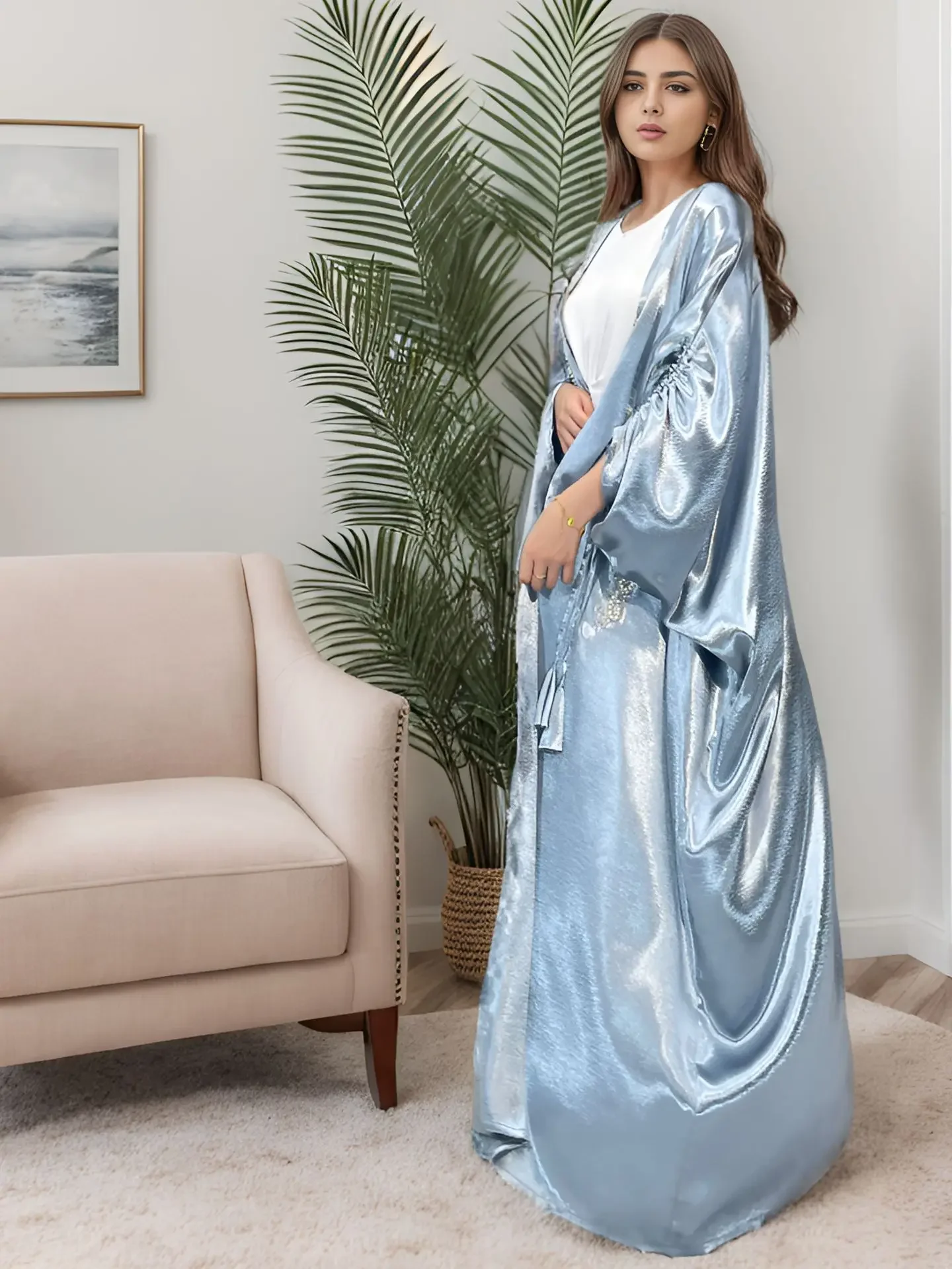 Kimono Abaya Turchia Raso Abaya Aperto per Le Donne Dubai Pianura Manica con Coulisse Perline Abiti Musulmani Vestito Islamico Caftano Veste