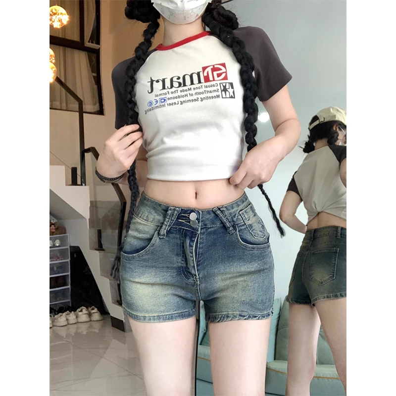 

Female American 90s Retro High Waist Y2k Shorts Woman Loose Washed Do Old Denim Sexy Pants Girls Blue Baggy Wide Leg Short Jeans